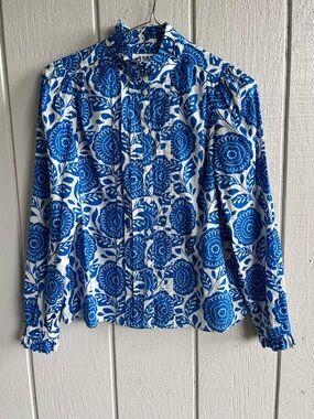 Boden Felicity Cotton Blouse Button Down in Blue and White Floral Size 6 R